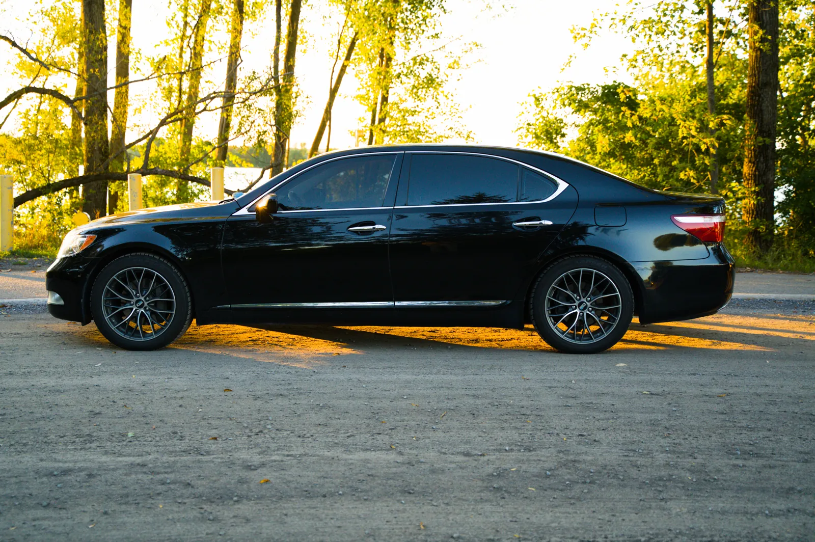 Lexus LS460L in black, side profile in evening light